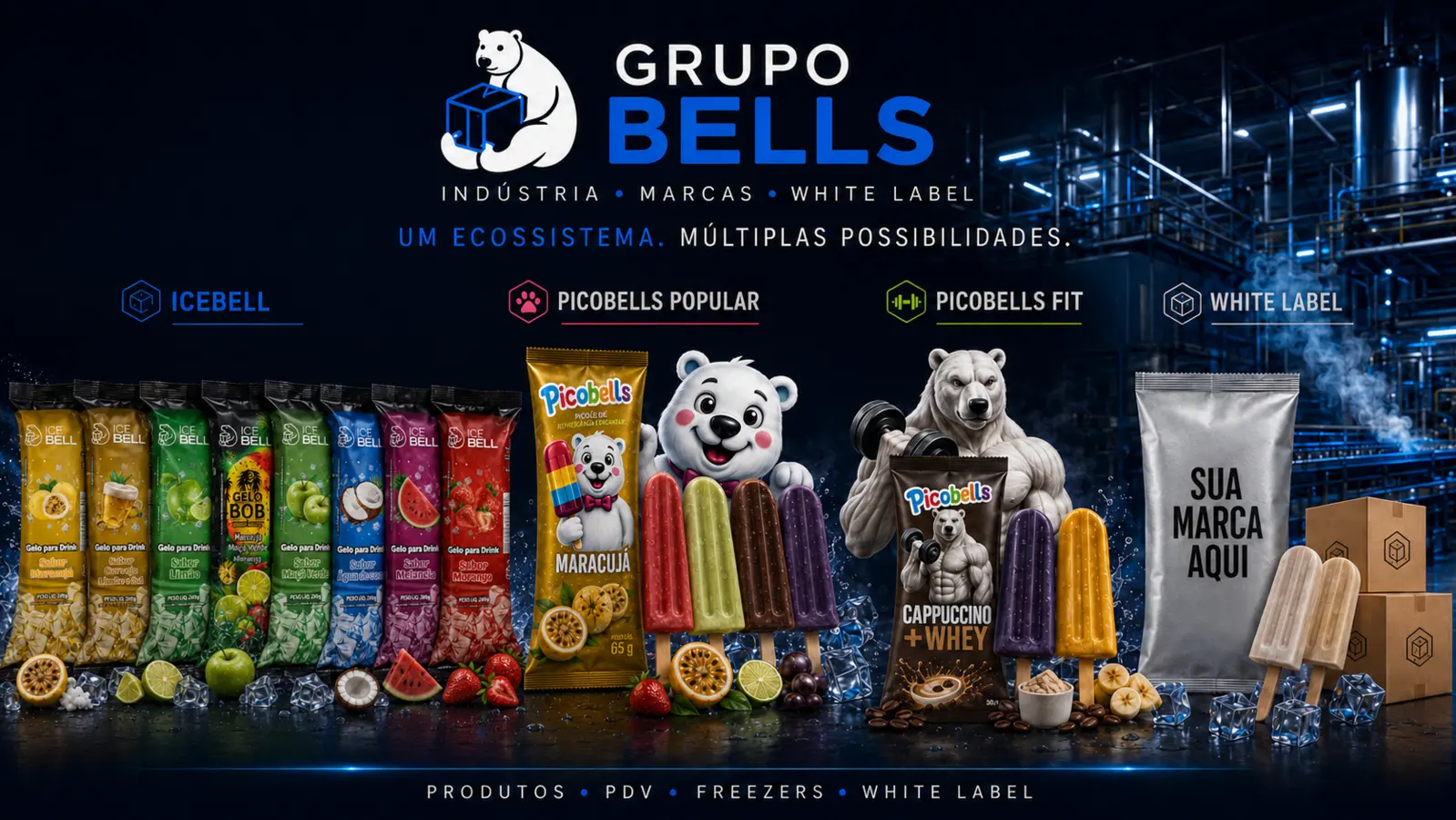 Portfólio Grupo Bells com IceBell, PicoBells Popular, PicoBells Fit e White Label